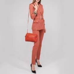 Pre Owned Bottega Veneta Orange Intrecciato Leather Nodini Crossbody Bag