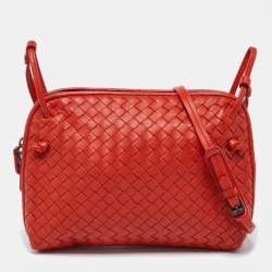 Pre Owned Bottega Veneta Orange Intrecciato Leather Nodini Crossbody Bag