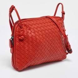 Pre Owned Bottega Veneta Orange Intrecciato Leather Nodini Crossbody Bag