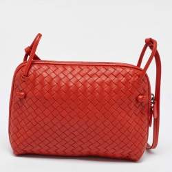 Pre Owned Bottega Veneta Orange Intrecciato Leather Nodini Crossbody Bag