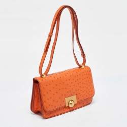 Pre Owned Bottega Veneta Orange Ostrich Leather BV Classic Shoulder Bag