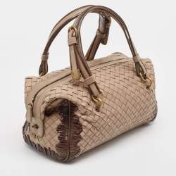 Pre Owned Bottega Veneta Beige Intrecciato Leather Boston Bag