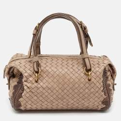 Pre Owned Bottega Veneta Beige Intrecciato Leather Boston Bag