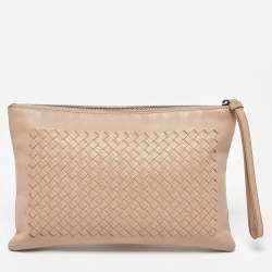 Pre Owned Bottega Veneta Beige Intrecciato Leather Zip Wristlet Pouch