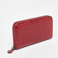 Bottega Veneta Red Crocodile Zip Around Wallet