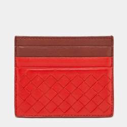 Bottega Veneta Orange/Burgundy Intrecciato Leather Card Holder