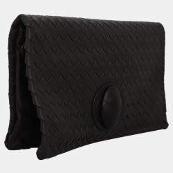 Bottega Veneta Dark Brown Leather Intrecciato Folded Clutch Bag