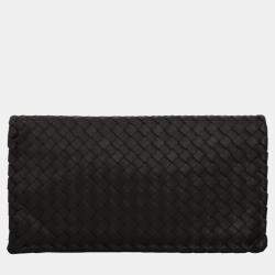 Bottega Veneta Dark Brown Leather Intrecciato Folded Clutch Bag