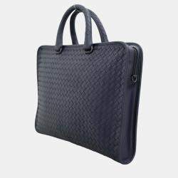 Pre Owned Bottega Veneta Blue Leather Intreciatto Laptop Briefcase Bag