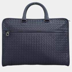 Pre Owned Bottega Veneta Blue Leather Intreciatto Laptop Briefcase Bag