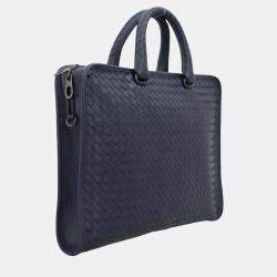 Pre Owned Bottega Veneta Blue Leather Intreciatto Laptop Briefcase Bag