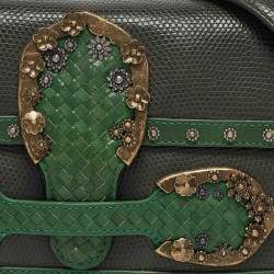 Pre Owned Bottega Veneta Two Tone Green Karung and Leather Embellished Irish Madras Shoulder Bag