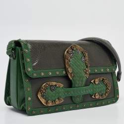 Pre Owned Bottega Veneta Two Tone Green Karung and Leather Embellished Irish Madras Shoulder Bag