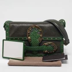 Pre Owned Bottega Veneta Two Tone Green Karung and Leather Embellished Irish Madras Shoulder Bag