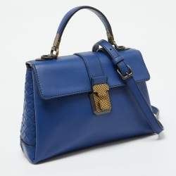 Pre Owned Bottega Veneta Blue Leather Small Piazza Top Handle Bag