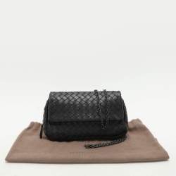 Bottega Veneta Black Intrecciato Leather Flap Chain Crossbody Bag