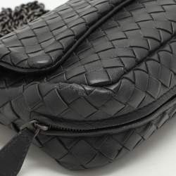 Bottega Veneta Black Intrecciato Leather Flap Chain Crossbody Bag