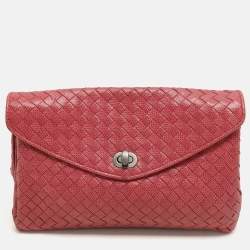 Pre Owned Bottega Veneta Red Intrecciato Karung Leather Clutch