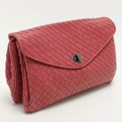 Pre Owned Bottega Veneta Red Intrecciato Karung Leather Clutch