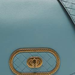 Pre Owned Bottega Veneta Stone Blue Intrecciato Leather Luna Shoulder Bag