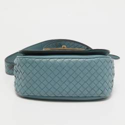 Pre Owned Bottega Veneta Stone Blue Intrecciato Leather Luna Shoulder Bag