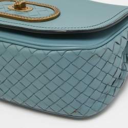Pre Owned Bottega Veneta Stone Blue Intrecciato Leather Luna Shoulder Bag