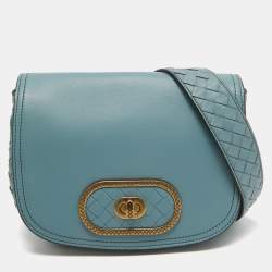 Pre Owned Bottega Veneta Stone Blue Intrecciato Leather Luna Shoulder Bag