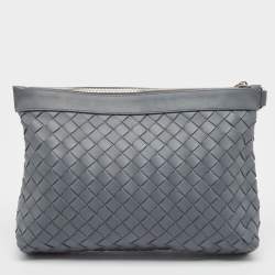 مملوكة مسبقًا Bottega Veneta Grey Intrecciato Leather Oversized Zip Pouch 