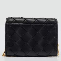 Pre Owned Bottega Veneta Black Intrecciato Leather Trio Card Case On Chain 