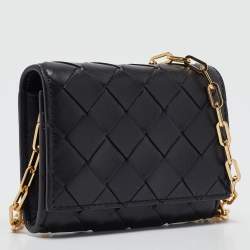Pre Owned Bottega Veneta Black Intrecciato Leather Trio Card Case On Chain 