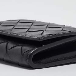 Pre Owned Bottega Veneta Black Intrecciato Leather Trio Card Case On Chain 