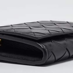 Pre Owned Bottega Veneta Black Intrecciato Leather Trio Card Case On Chain 