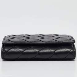 Pre Owned Bottega Veneta Black Intrecciato Leather Trio Card Case On Chain 