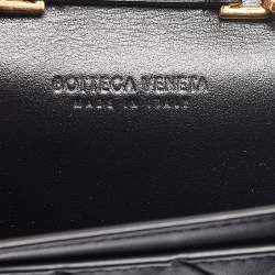 Pre Owned Bottega Veneta Black Intrecciato Leather Trio Card Case On Chain 