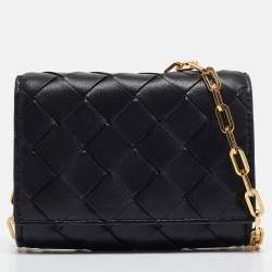 Pre Owned Bottega Veneta Black Intrecciato Leather Trio Card Case On Chain 