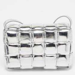 Bottega Veneta Silver Leather Intrecciato Cassette Padded Shoulder Bag
