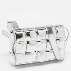 Bottega Veneta Silver Leather Intrecciato Cassette Padded Shoulder Bag