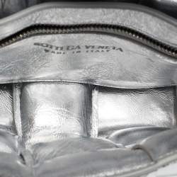 Bottega Veneta Silver Leather Intrecciato Cassette Padded Shoulder Bag