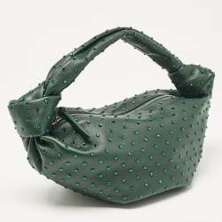 Pre Owned Bottega Veneta Dark Green Leather Crystals Embellished Double Knot Bag