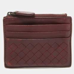 Bottega Veneta Burgundy Intrecciato Leather Zip Card Holder 