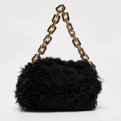 Bottega Veneta Black Shearling Fur Classic The Pouch Chain Clutch