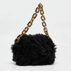 Bottega Veneta Black Shearling Fur Classic The Pouch Chain Clutch
