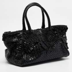 Pre Owned Bottega Veneta Black Intrecciato Lizard Ruffled Satchel