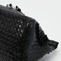Pre Owned Bottega Veneta Black Intrecciato Lizard Ruffled Satchel