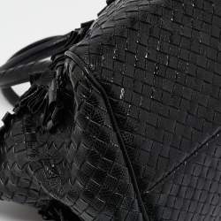 Pre Owned Bottega Veneta Black Intrecciato Lizard Ruffled Satchel