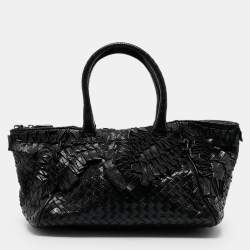 Pre Owned Bottega Veneta Black Intrecciato Lizard Ruffled Satchel