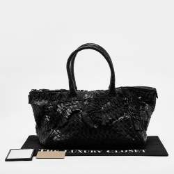Pre Owned Bottega Veneta Black Intrecciato Lizard Ruffled Satchel