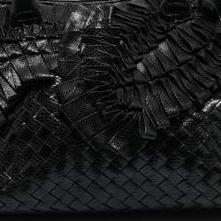 Pre Owned Bottega Veneta Black Intrecciato Lizard Ruffled Satchel