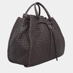 Pre Owned Bottega Veneta Dark Brown Intrecciato Drawstring Tote Bag