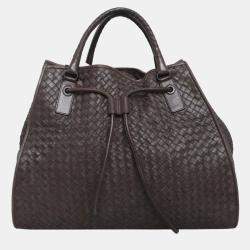 Pre Owned Bottega Veneta Dark Brown Intrecciato Drawstring Tote Bag